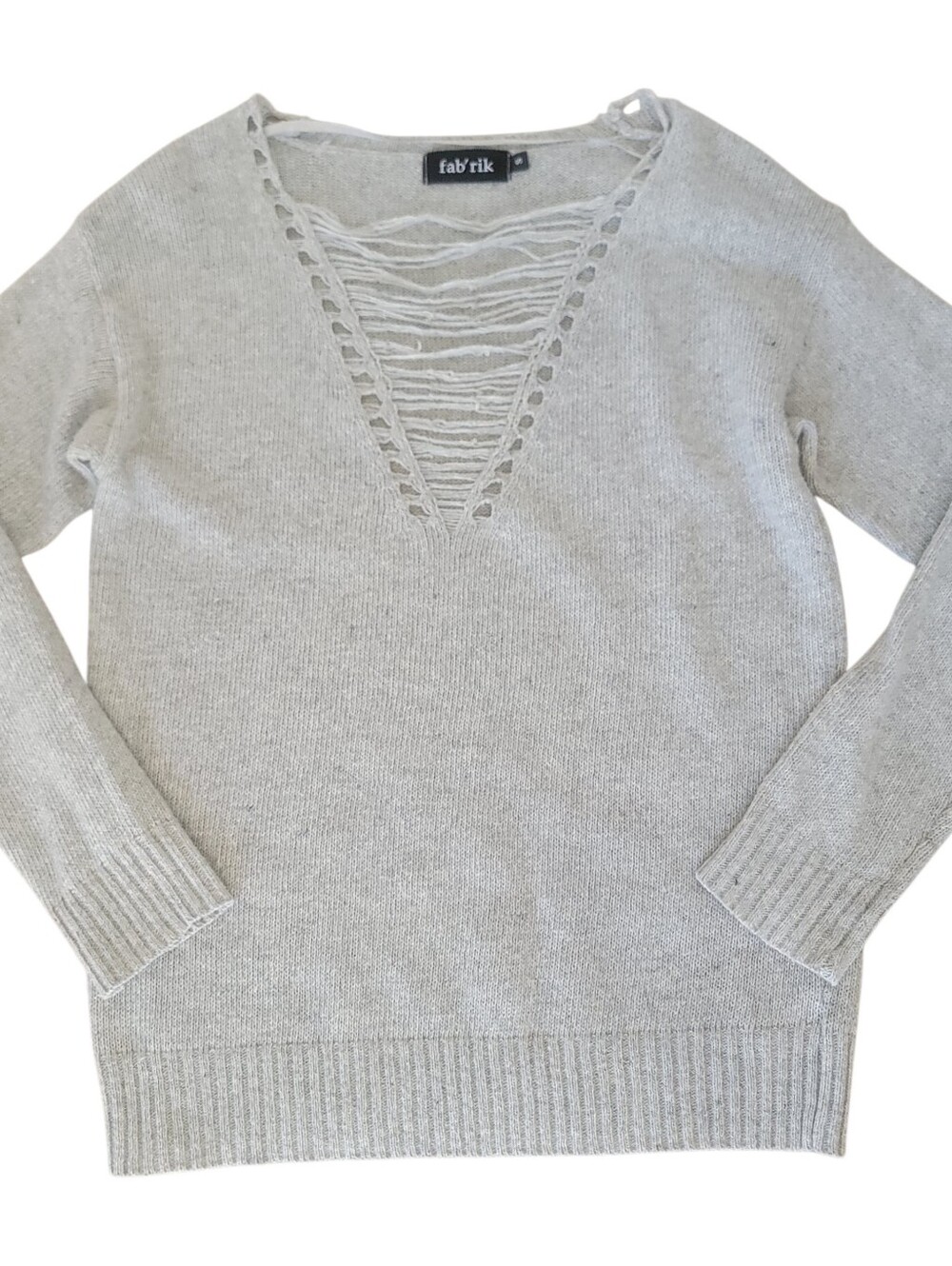 Fabrik Women's Small Light Gray Distressed V-neck Sweater Edgy Grunge Casual Top